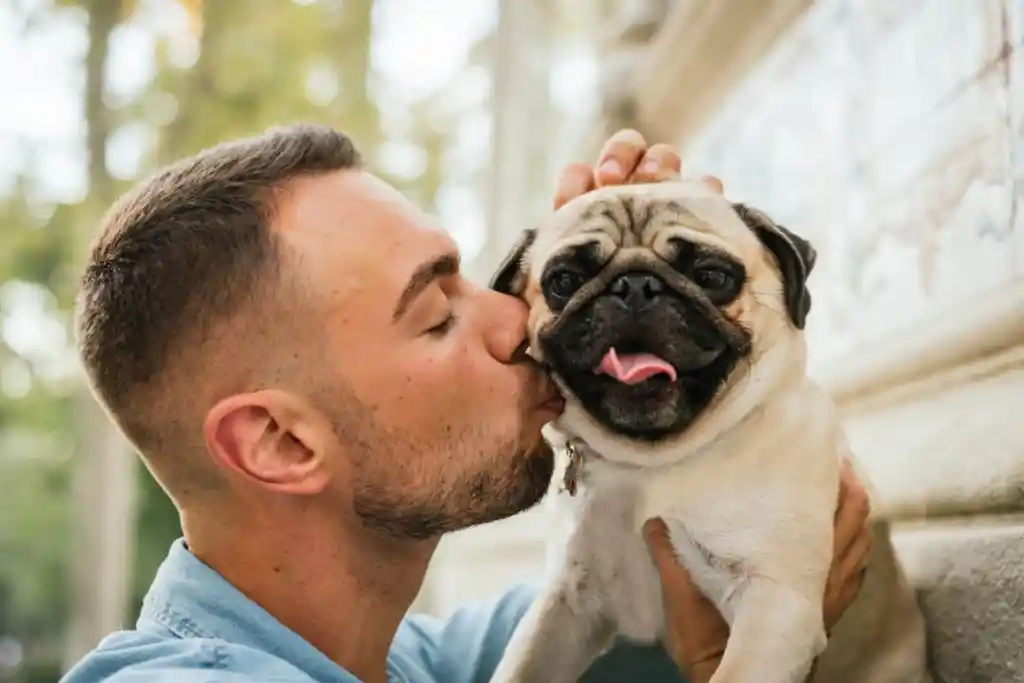img_3085-e1729005485303 Young man kissing Pug outdoors.